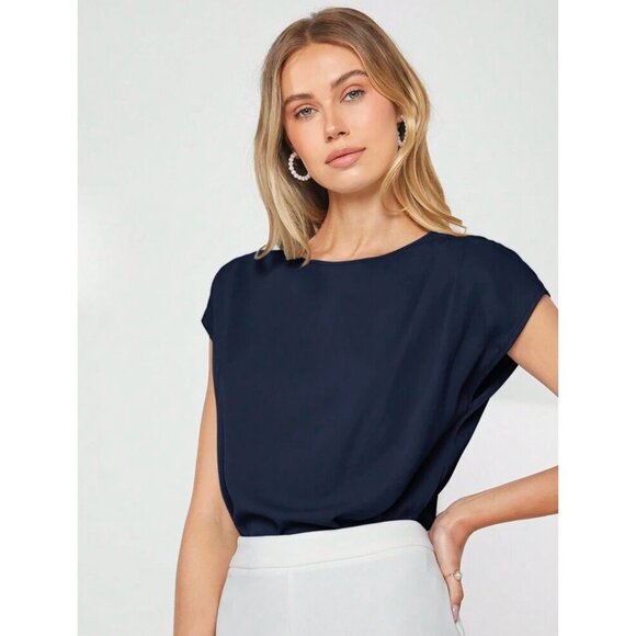 cap sleeve keyhole back silky boatneck blouse black office work - Picture 2 of 4